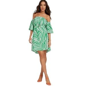 New York & Co  Women’s Green & White Striped Off-The-Shoulder Belted Dress Sz M